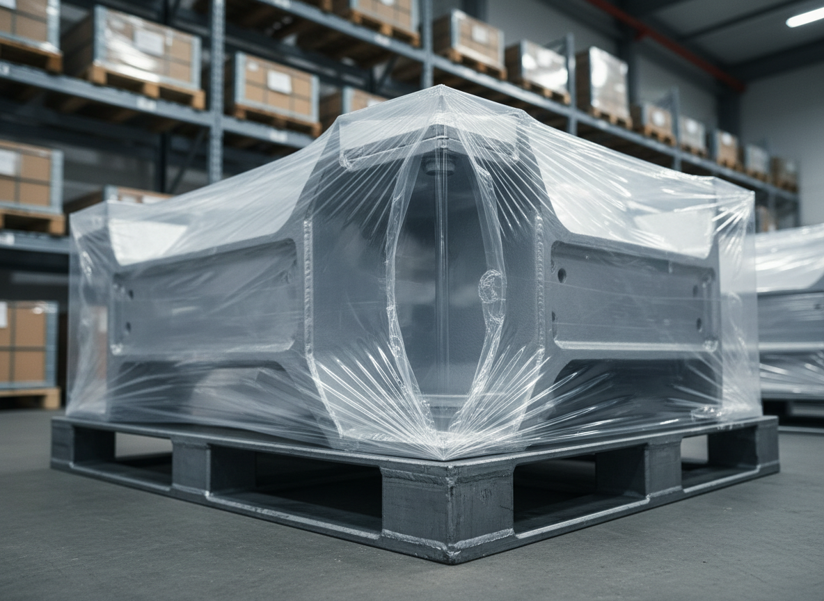 A close-up, detailed view of a large, irregularly shaped piece of industrial equipment fully encapsulated in transparent shrink wrap on a steel pallet. The plastic film is tightly heat-shrunk, revealing the contours, bolts, and edges underneath while forming crisp, sealed edges and reinforced corners. The scene is set in a tidy warehouse with high metal shelving and stacked pallets fading into soft blur. Cool, diffused LED warehouse lighting produces clear reflections and controlled shadows, enhancing the textures of plastic, metal, and concrete. Photographic realism, shot from a three-quarter angle with shallow depth of field, creating a focused, technical, and highly professional mood that underscores containment quality.